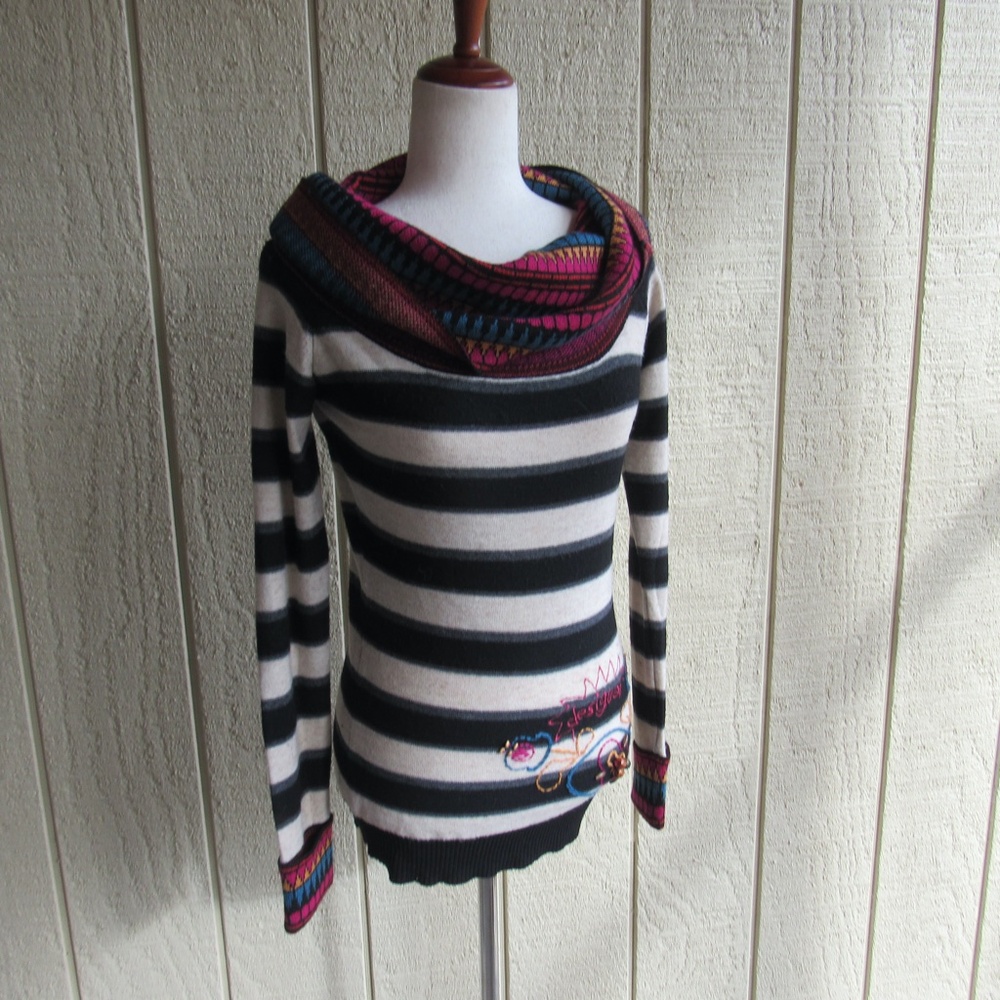 Desigual Cowlneck Sweater S Colorful Art Wool Angora Blend Womens Embellished